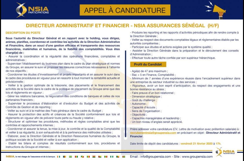 APPEL A CANDIDATURE | Directeur Administratif et Financier - NSIA Assurances-Sénégal