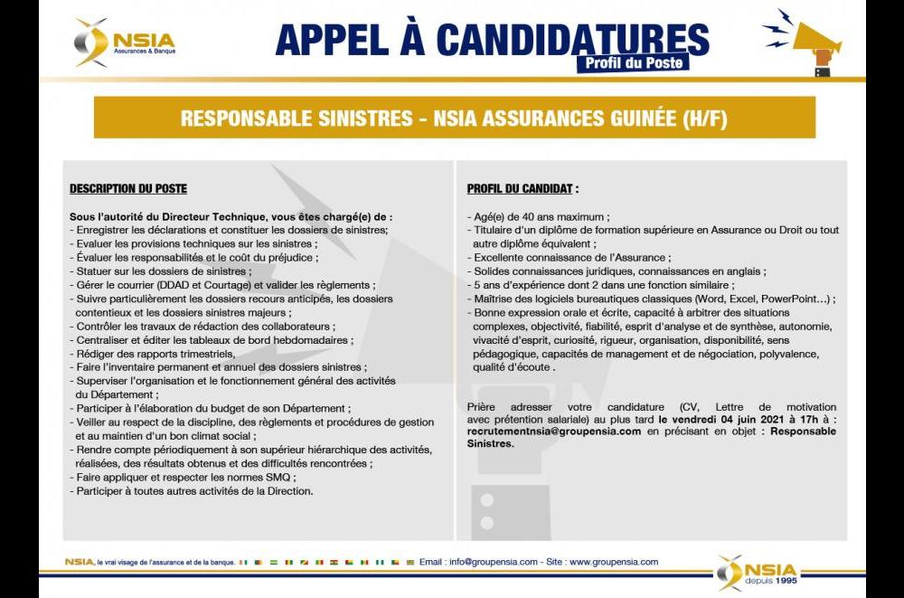 Appel à candidature Responsable Sinistres NSIA Assurances Guinée