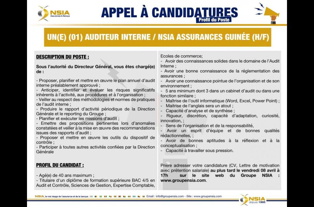 Appel à candidature Auditeur Interne - NSIA Assurances Guinée (H/F)
