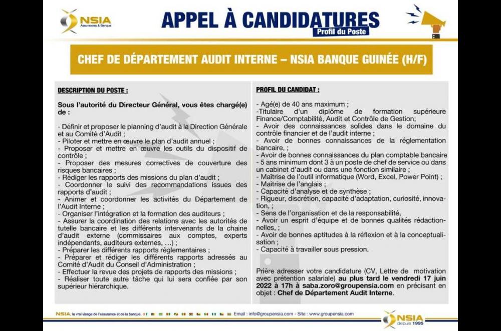 Chef de département audit interne - NSIA Banque Guinée (H/F)