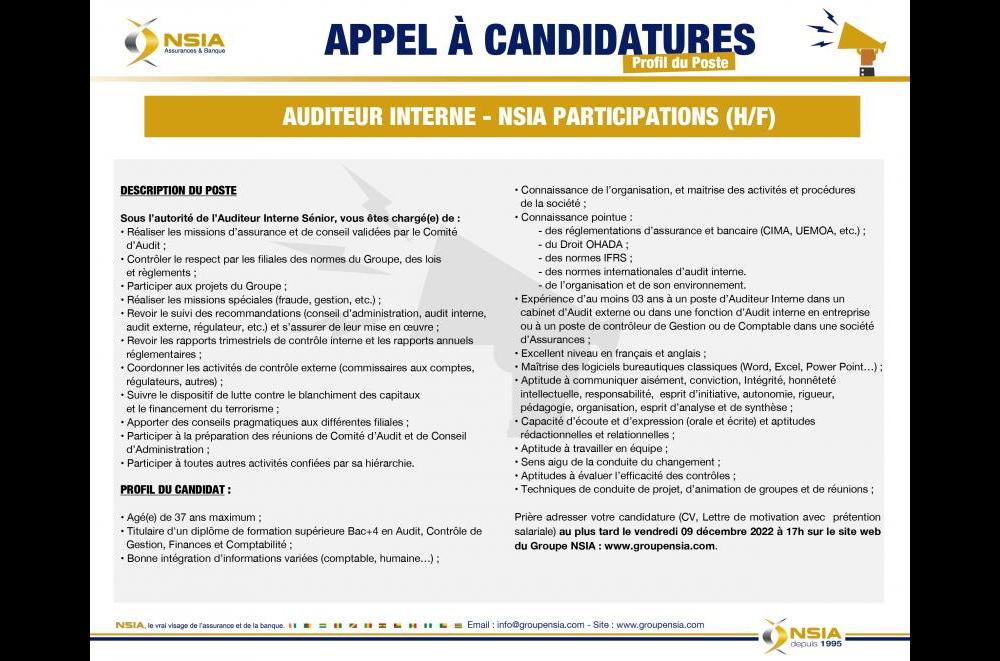 Appel à candidature - Auditeur interne - NSIA PARTICIPATIONS (H/F)