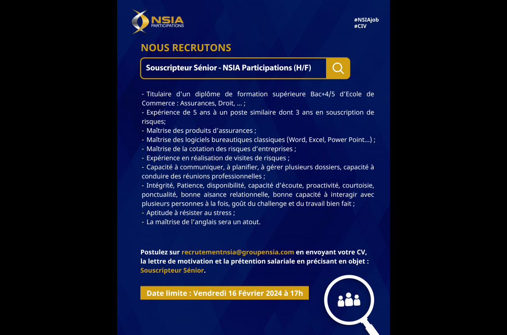 Appel à candidature - Souscripteur Sénior - NSIA Participations